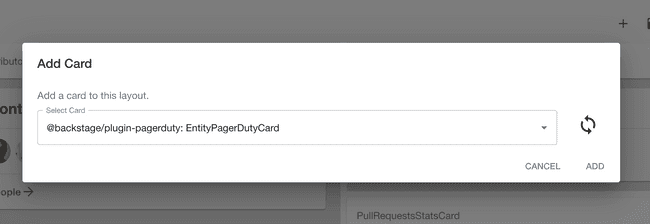 a modal dialog with a search box. Searching selects an option from the list. There is an add button at the bottom of the dialog.